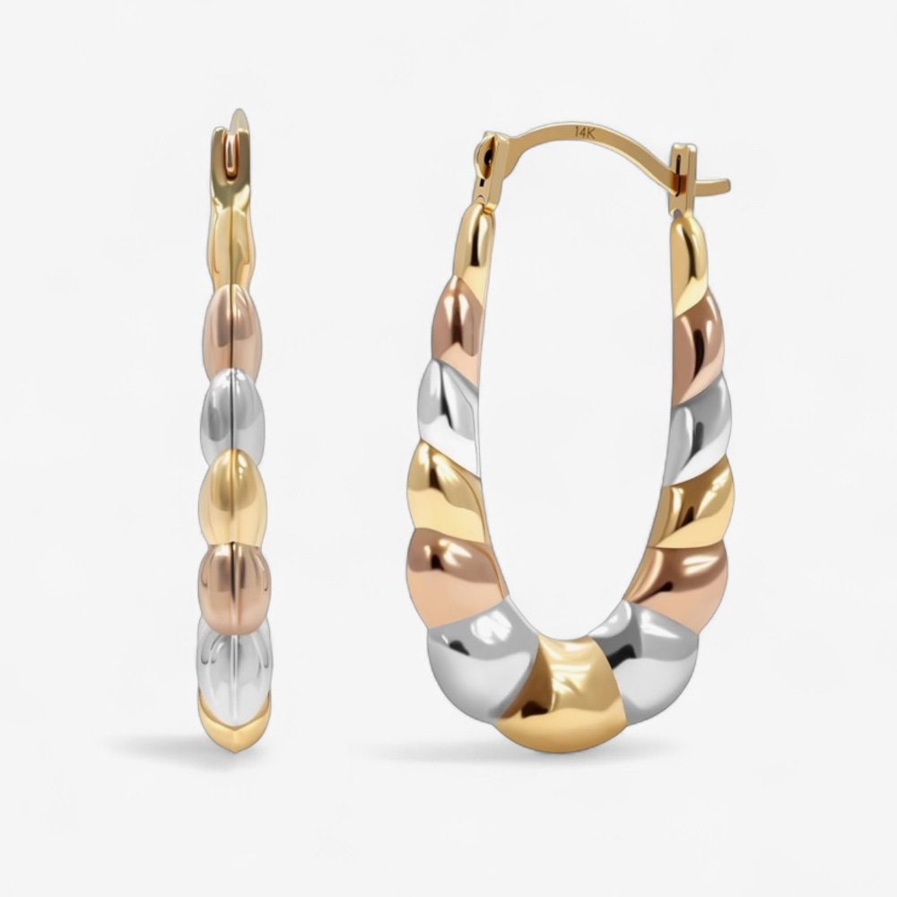 Solid 14K Yellow -White and Rose Gold Tri-Color Gold Hoop Earrings
